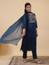 Teal Blue Cotton Blend Yoke Embroidered Straight Kurta Set